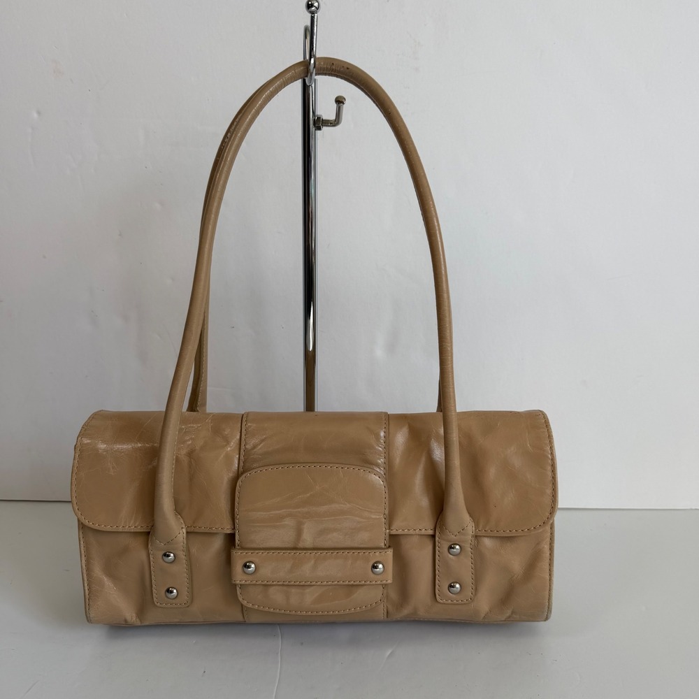 Neutral Leather Shoulder Bag Y2K Tan East West Baguette Studded